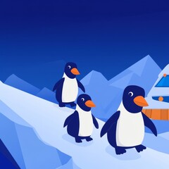 Obraz premium Three adorable penguins waddle on icy Antarctic landscape near a research station.
