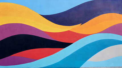 A vibrant mural featuring flowing waves of color in warm and cool tones.