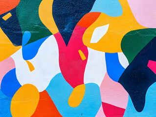 A vibrant abstract mural featuring colorful shapes and patterns.