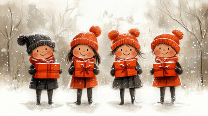 Four cheerful children dressed warmly stand in the snow, each holding a beautifully wrapped gift box, surrounded by a winter wonderland