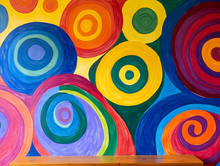 A vibrant mural featuring colorful swirling patterns and concentric circles.