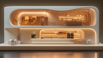 Miniature coffee shop model featuring minimalist curved interior, wooden accents, illuminated shelves, espresso machine, and bar counter in clean, architectural style.