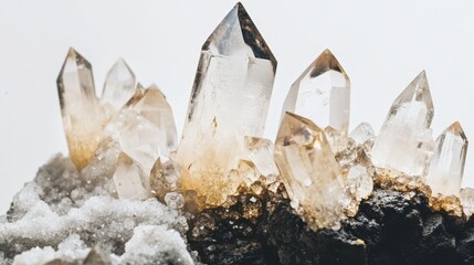 Close-up of a cluster of quartz crystals on a dark matrix.  The translucent crystals catch the light, creating a stunning display of natural beauty.