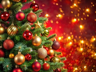 Obraz premium A vibrant red backdrop showcases a festive Christmas tree adorned with sparkling ornaments and shimmering bokeh lights, perfect for spreading joy and holiday greetings.