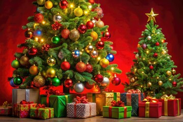 A vibrant red backdrop enhances a Christmas tree adorned with colorful ornaments and surrounded by gift boxes, perfect for festive cards and joyful holiday decorations.