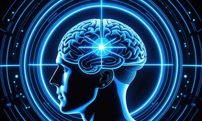 Obraz premium Futuristic human mind with neon brain circuitry and technology concepts