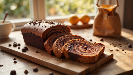 Chocolate marble loaf with sliced pieces on a wooden table