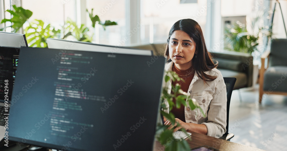 Poster Woman, programmer or coding with computer screen for web design or software development at office. Female person, developer or designer with technology for programming or problem solving at workplace