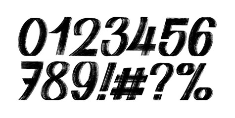 Grunge dry brush drawn numbers from 0 to 9 percent, hash sign. Set of dirty painted numbers. Collection of hand drawn typography elements.  Vector distressed characters with bold dry brush strokes.