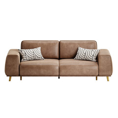 A brown couch with white pillows and a white pillowcase