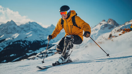 A skier with a prosthetic leg navigating a snowy slope, embodying the fearless athletic spirit and the adventurous soul of models with disabilities in winter sports