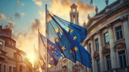 EU flags waving in the summer