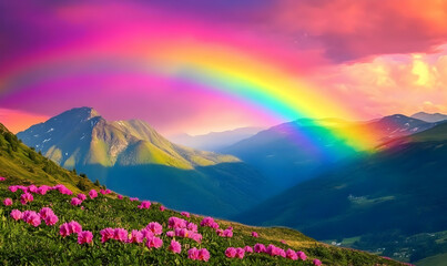 A vibrant landscape featuring mountains, a rainbow, and blooming flowers under a colorful sky.