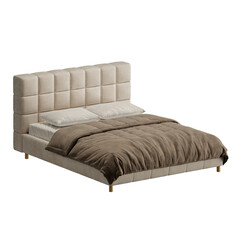 A bed with a brown comforter and white pillows