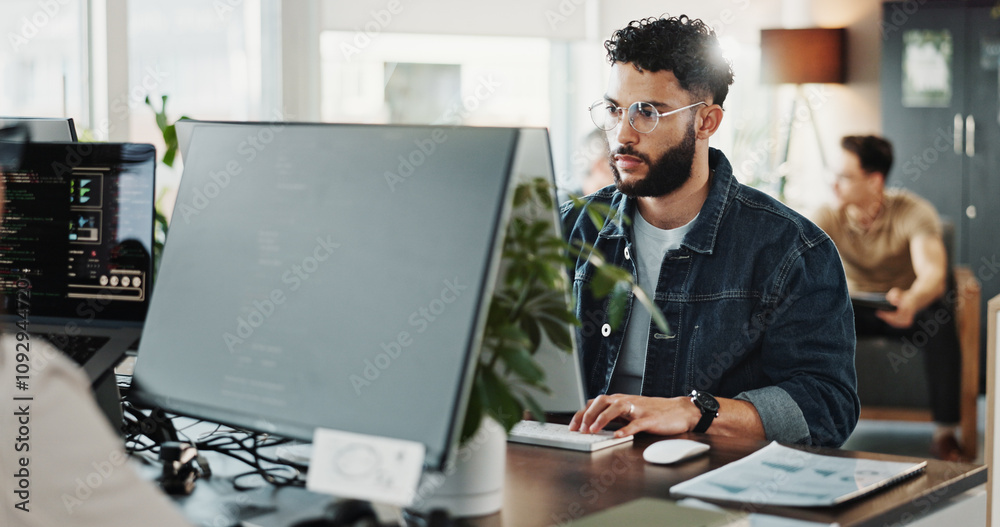 Poster Computer engineering, programming and web development with man in creative workplace for design. Cybersecurity, system infrastructure an typing with employee person in office as website maintenance