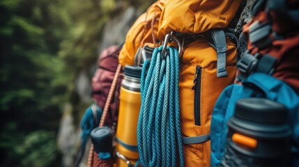 A variety of adventure equipment hanging from a climber's pack, from ropes to water bottles, illustrating the importance of well-prepared adventure and reliable climbing equipment
