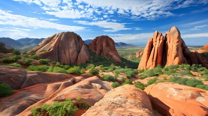 Scenic landscape of red rock formations, green vegetation, and a blue sky.