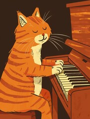 A simple 2D animation style drawing of a cat playing the piano