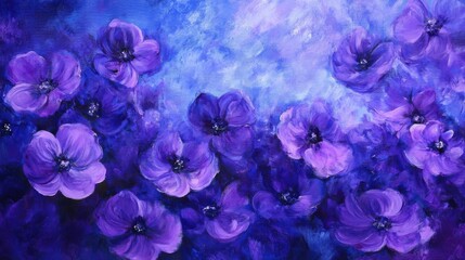 Vibrant purple flowers in a dreamy, abstract painting. Shades of violet and blue create a serene and beautiful artwork.