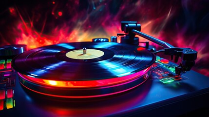 Vinyl record spinning on a turntable, with vibrant neon lighting reflecting off the glossy surface...