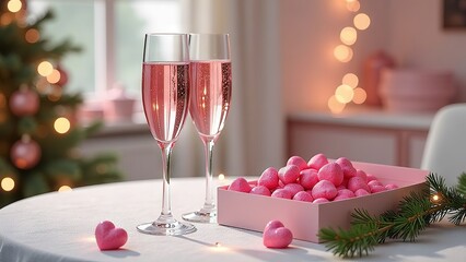 Two glasses of pink champagne with chocolates on table in bright room