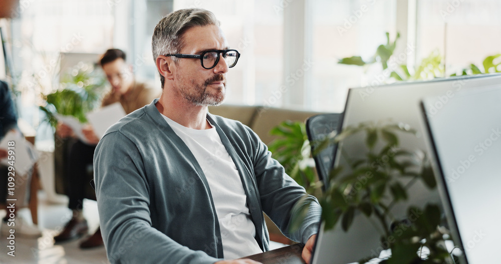 Poster Computer programming, typing and web development with man in creative workplace for coding or design. Cybersecurity, reading and system maintenance with mature employee in office as website developer