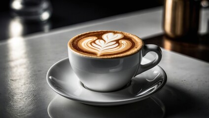 A white coffee cup with a latte art design on top of a saucer.