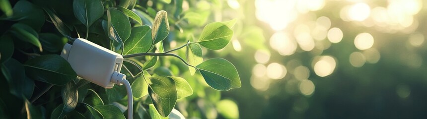 Obraz premium Sustainable Energy Concept with Electrical Plug and Leaves. AI generated illustration