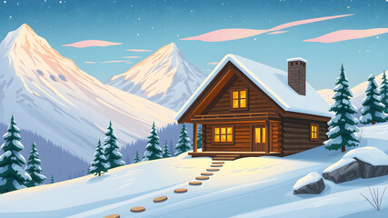Naklejka premium A cozy cabin nestled in a snowy mountain landscape illustration. Generative AI