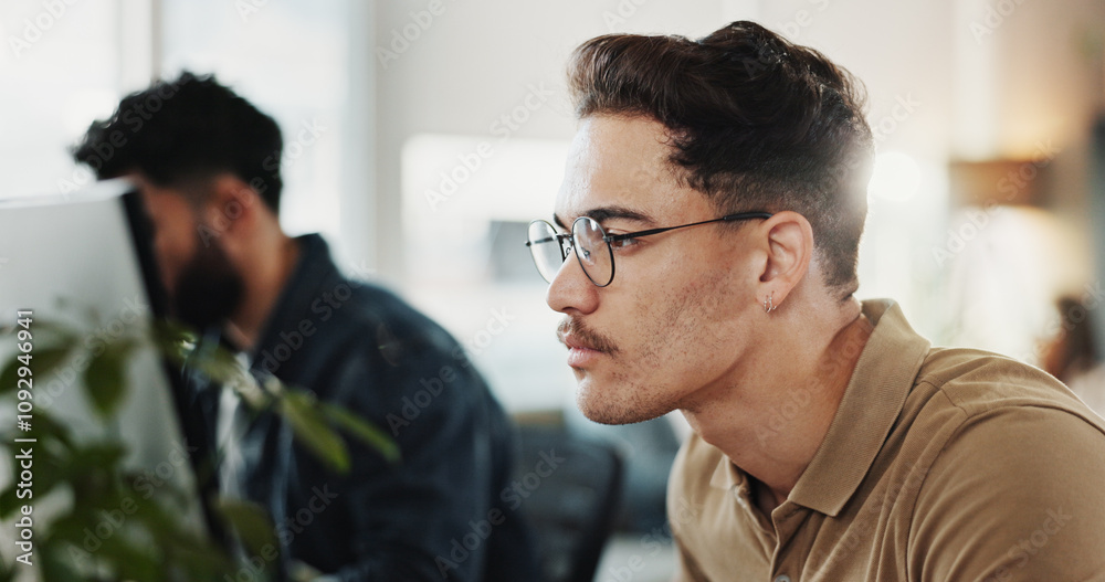Fototapete Computer, system maintenance and web development with man in creative workplace for coding or design. Cybersecurity, infrastructure and programming with employee person in office as website developer