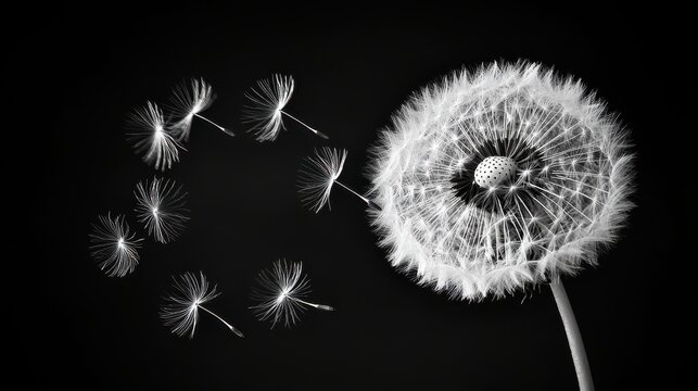 Monochromatic close-up of a dandelion seed head with seeds gently blowing away on a black background. A poignant image representing change and transition.
