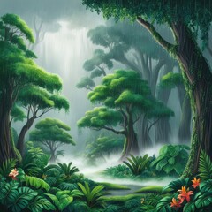 Obraz premium Lush green rainforest with dense foliage and misty atmosphere – vibrant tropical jungle filled with tall trees, ferns, and a serene pathway covered in mist
