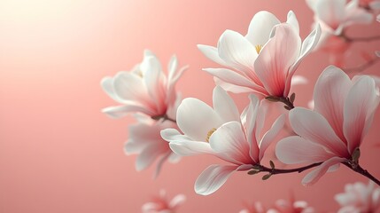 Obraz premium Magnolia flowers on branch against soft pink background, showcasing delicate petals and elegant botanical composition&nbsp;in high-key photography with&nbsp;minimalist design.