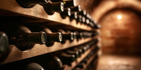 A beautifully arranged row of wine bottles peeking from a rustic cellar, showcasing craftsmanship and elegance in wine storage that invites exploration.