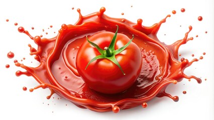 A vivid top-view splash of red tomato sauce, showcasing rich colors and textures, perfect for culinary artistry, food photography, and cooking inspiration against a white backdrop.