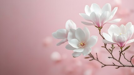 Fototapeta premium Magnolia flowers on branch against soft pink background, showcasing delicate petals and elegant botanical composition&nbsp;in high-key photography with&nbsp;minimalist design.
