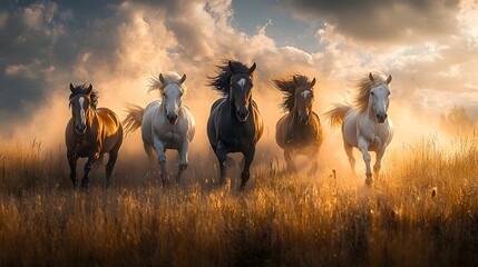 Obraz premium Dynamic shot&nbsp;of wild horses in various colors galloping across grassland, creating dust clouds in&nbsp;golden hour light with dramatic&nbsp;prairie landscape backdrop.