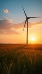 Obraz premium Sunset over a field with wind turbines, concept of renewable energy and sustainable future.
