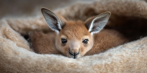 Fototapeta premium Adorable baby kangaroo resting in soft, plush bedding.