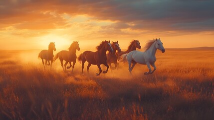 Dynamic shot&nbsp;of wild horses in various colors galloping across grassland, creating dust clouds in&nbsp;golden hour light with dramatic&nbsp;prairie landscape backdrop.