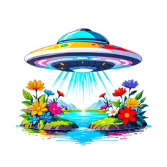 illustration of UFO near river surrounded by colorful flowers.	