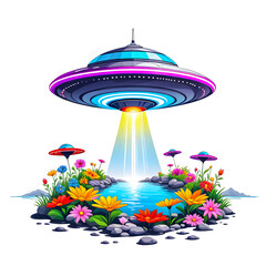 illustration of UFO near river surrounded by colorful flowers.	