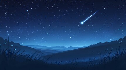 A serene night landscape under a starry sky with a shooting star.