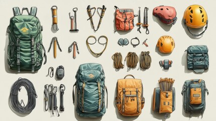 Detailed illustration of adventure equipment for mountain expeditions, including helmets, harnesses, and backpacks, showcasing essential gear for extreme adventure and safety equipment