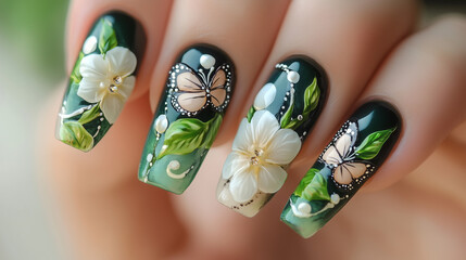 Fantazyjna stylizacja paznokci z subtelnymi, białymi kwiatami, harmonijnie współgrającymi z precyzyjnie namalowanymi motylami, nadającymi wzorowi elegancji i wiosennego uroku.