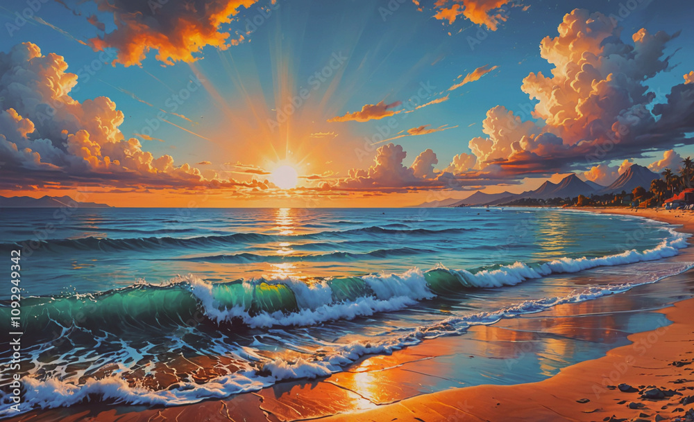Poster beautiful ocean scene with a large wave and a bright sun. the sun is setting and the sky is filled w