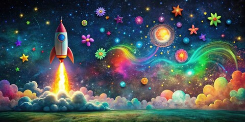 A whimsical rocket launches into a vibrant cosmos filled with dreamy clouds and sparkling stars, ideal for imaginative landscapes and enchanting space-themed adventures.