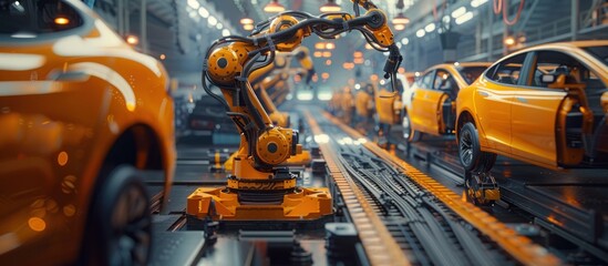 Fototapeta premium Robotic Arm Assembling Cars on a Factory Line