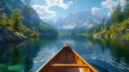 Obraz premium First-person view of wooden canoe bow&nbsp;on turquoise mountain lake, surrounded by evergreen forest, rocky cliffs, and snow-capped peaks with perfect water&nbsp;reflections.