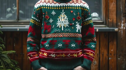 A front view of a male model wearing a vibrant, festive sweater adorned with trees, reindeer, and snowflakes.